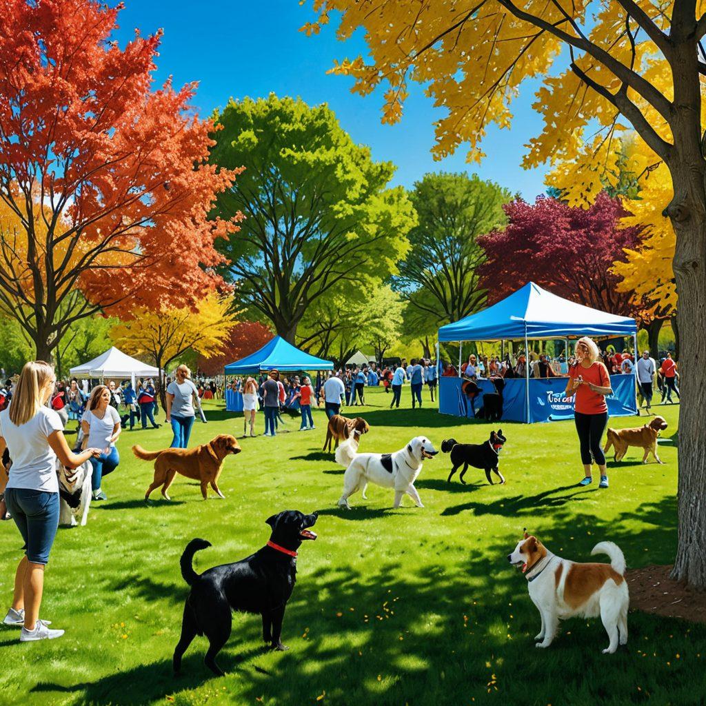 An engaging scene showcasing a diverse group of dog owners and their happy dogs in a vibrant park setting. Include playful interactions, such as dogs training with owners, a community support booth with people discussing canine care tips, and a backdrop of colorful trees and dog agility equipment. Add a sunny sky and a sense of camaraderie among the community. cartoonish style. vibrant colors. sunny atmosphere.