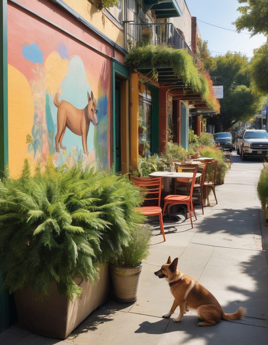 A vibrant street scene showcasing the Dogpatch community, with colorful murals depicting dogs and pet care, friendly locals interacting with their pets, and cozy cafes with outdoor seating. Incorporate playful dogs of various breeds joyfully playing together, and an inviting atmosphere filled with greenery and dog-friendly amenities. super-realistic. vibrant colors. urban style.
