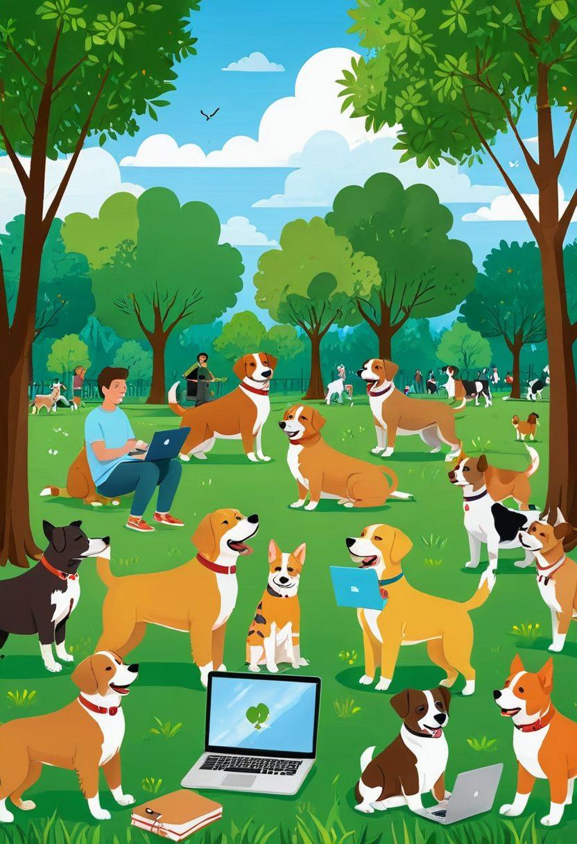 A warm, inviting online community scene featuring diverse dog owners engaging joyfully, surrounded by various dog breeds happily playing together. Include elements like laptops and smartphones showcasing the blog on their screens, with bright colors and vibrant patterns symbolizing friendship and connection. The background should depict a park setting with trees and playful clouds, exuding a friendly atmosphere. cartoon style. vibrant colors. cheerful ambiance.